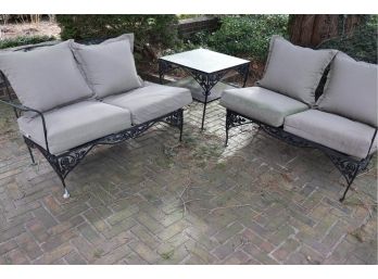 VINTAGE STYLE OUTDOOR WROUGHT METAL SECTIONAL AND SIDE TABLE WITH SCROLLED FLORAL DESIGN