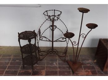 COLLECTION OF 3 VINTAGE METAL OUTDOOR PLANT STANDS WITH A GREAT WEATHERED LOOK INCLUDES 3 TIER CAST IRON STAND