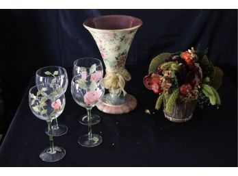 MACKENZIE CHILDS FLORAL VASE 2002 WITH 4 PAINTED WINE GLASSES AND DECORATIVE FAUX FLORAL BASKET