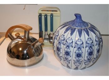 BLUE AND WHITE FLORAL ASIAN PUMPKIN COOKIE JAR WITH STAINLESS STEEL TEA KETTLE AND ASSTD FLATWARE
