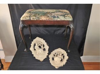 FLORAL TAPESTRY PIANO BENCH/STOOL WITH QUEEN ANNE STYLE LEGS & BEAUTIFUL VICTORIAN STYLE PLASTER WALL PLAQUES