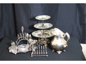 COLLECTION OF PLATED ITEMS INCLUDES TOAST HOLDER, PITCHER & MILL STREAM IRON STONE 3 TIER COOKIE DISH
