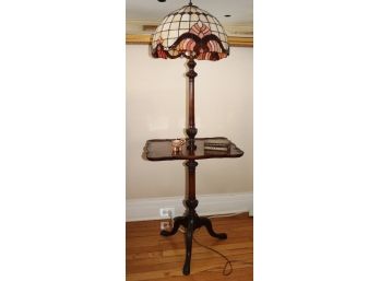 VINTAGE MAHOGANY AND STAINED-GLASS FLOOR LAMP WITH ATTACHED SIDE TABLE