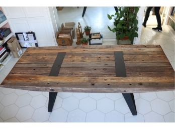AMAZING RECLAIMED WOOD DESK/TABLE WITH BEVELED GLASS TOP AND SOLID METAL BASE