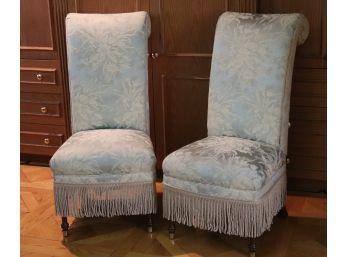 PAIR OF DREXEL HERITAGE SCROLLED HIGH BACK SLIPPER CHAIRS WITH AQUA COLORED FLORAL BOUQUET UPHOLSTERY