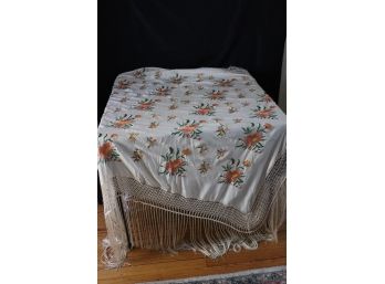 BEAUTIFUL VINTAGE FLORAL SILK PIANO SHAWL SHOWS SOME WEAR, AND STAINS WITH FRINGES