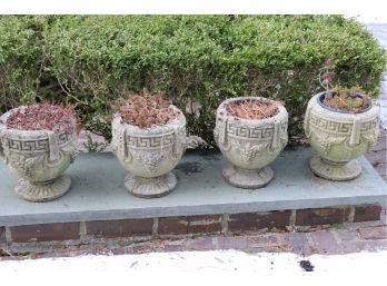 4 CEMENT PLANTERS WITH GRAPE LEAF AND GREEK KEY DESIGN 10 INCHES TALL