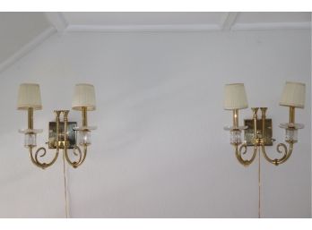 PAIR OF ELECTRICAL BRASS TRUMPET STYLE WALL SCONCES WITH GLASS CRYSTAL ACCENTS, EXTERNAL WIRE READY TO PLUG IN