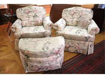 PAIR OF CUSTOM FLORAL DREXEL HERITAGE SWIVEL ACCENT CHAIRS WITH OTTOMAN