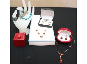 STERLING NATIVE AMERICAN STYLE TURQUOISE RING & STERLING PEYOTE BIRD BRACELET WITH 2 AMBER NECKLACES