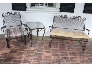 WROUGHT IRON ROCKER AND GLIDER WITH SCROLLED FLORAL DETAIL INCLUDES SIDE TABLE