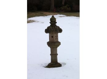 CEMENT PAGODA FROM CHINA - LANTERN DESIGN WITH A BROKEN PIECE IN BACK APPX 22 WIDE X 64 TALL