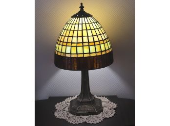 VINTAGE-STAINED GLASS LAMP WITH REFINED MISSION DESIGN AND ORNATE METAL BASE