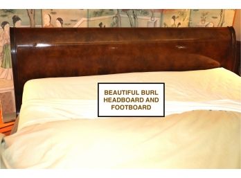 QUALITY KING SIZED BURLWOOD SLEIGH BED WITH FLORAL CARVINGS ON SIDES INCLUDES MATTRESS AND BEDDING