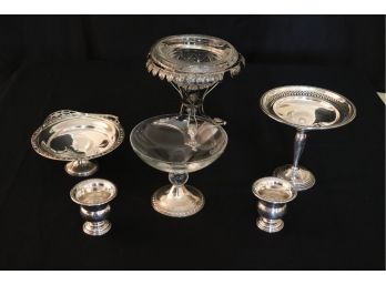 STERLING SILVER LOT INCLUDES 3 WEIGHED CANDY DISHES, ANTIQUE SERVING DISH & PAIR OF TOOTHPICK HOLDERS