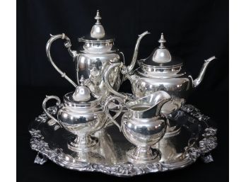 GORHAM STERLING SILVER COFFEE & TEA SET PURITAN PATTERN WITH MONOGRAM & QUALITY PLATED ROGERS ETCHED TRAY