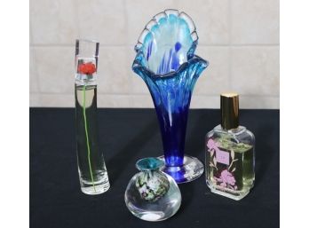 MURANO STYLE PERFUME BOTTLE, FLOWER BY KENZO, LOLLIA NO 19 BREATHE & BLOWN GLASS VASE