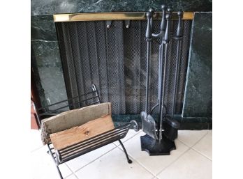 QUALITY HEAVY CAST IRON FIRE PLACE TOOL SET WITH STAND AND LOG STAND/ RACK