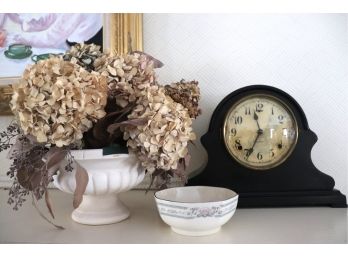 VINTAGE GILBERT CLOCK COMPANY MANTLE CLOCK WITH DRIED FLORAL DISPLAY AND LENOX BOWL