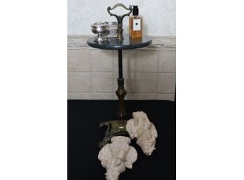 VINTAGE ORNATE BRASS AND MARBLE PEDESTAL CONVERTED FROM ANTIQUE ASHTRAY WITH CHERUB CANDLESTICK HOLDERS