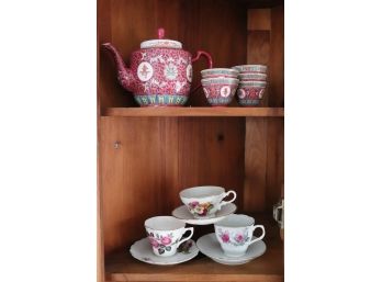 VINTAGE ASIAN TEAPOT SET WITH 5 CUPS & 3 CUP AND SAUCER SETS FINE BONE CHINA IMPERIAL MADE IN ENGLAND