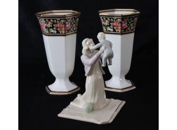 PAIR OF WEDGWOOD 'CLIO' VASES FINE BONE CHINA MADE IN ENGLAND & LENOX 'TENDER TOUCH' FIGURINE