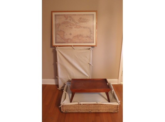 Woven Reed & Cloth Under Bed Storage Bins, Wood Breakfast Tray & Framed Map Of The Caribbean