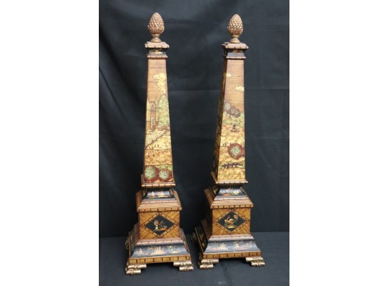 Pair Of Hand Crafted Wood Veneer Ornate Obelisks With Painted Scenescape