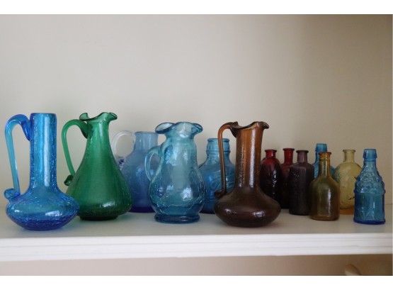 Vintage Mini Decorative & Apothecary Style Colorful Glass Bottles & Pitchers In Assorted Shapes