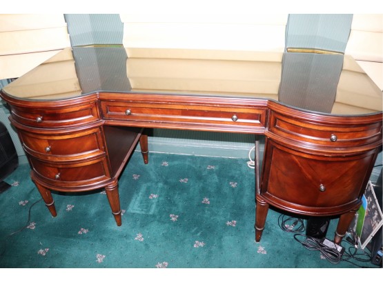 Almost Vintage Bombay Co. Inlay Veneer Top & Drawer Front Desk With 8 Fluted & Tapered Legs
