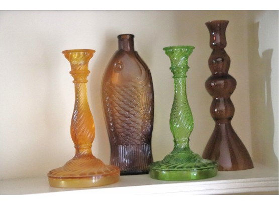 Collection Of Vintage Pressed Glass  3 Candlestick Holders & Bottle