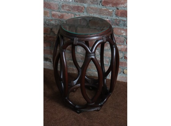 Vintage Sculpted Wood Drum Polynesian Style Table With Removable Glass Top