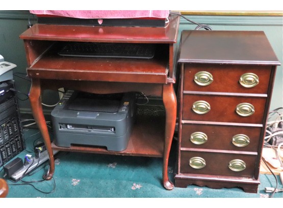 Vintage Queen Anne Style Computer Desk & 2 Drawer File Cabinet With Brass Finished Hardware