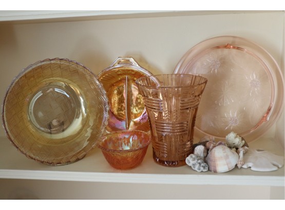 Collection Of Vintage Peach, Pink & Amber Depression Glass With Unique Coral & Shell Collection