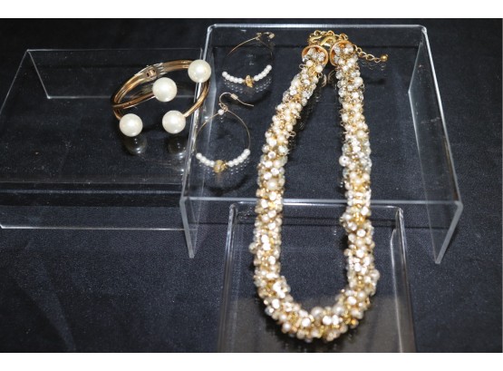 Kenneth Lane Crystal & Faux Pearl Gold Finish Necklace, Spring Clasp Bracelet & Dangly Hoop Earrings