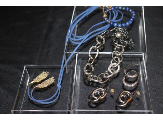 Lot Of Fine Costume Jewelry  Brighton Gunmetal Chain & Crystal Necklace, Blue Leather Necklace & More