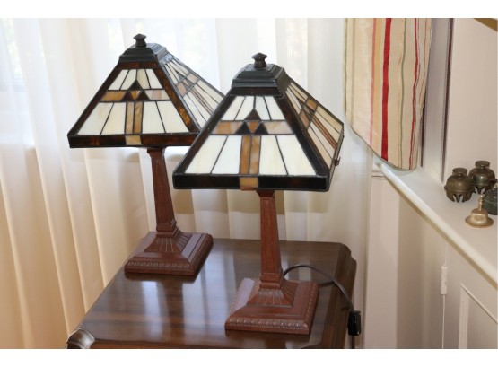 Pair Of Vintage Arts & Crafts Style Slag Glass Table Lamps With Engraved Painted Metal Bases