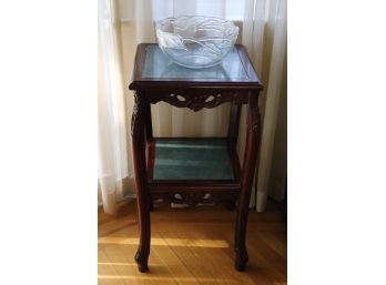 Asian Style Carved Pedestal Table With Inlay Green Marble Top & Shelf With Mikasa Style Glass Bowl