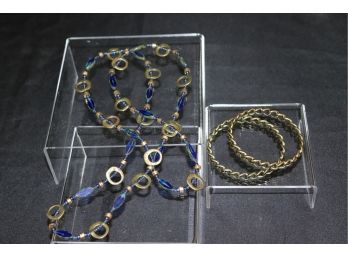 Fine Costume Jewelry  40 Inch Long Cobalt Blue Bead & Brass Finish Necklace, 2 Bangle Bracelets & More