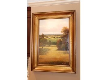 Signed Ben Harris Oil On Canvas Of Italian Countryside In Crackled Antiqued Wood Frame