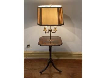 Antique Wood & Brass Lamp Pedestal Side Table With Hand Painted Decorative Detail