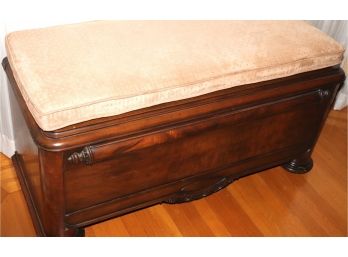 Antique Beautiful Hope Chest With Front Scroll Detail & Hinged Top With Removable Upholstered Seat Cushion
