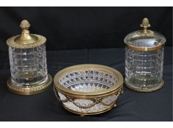 Vintage Hand Crafted Brass & Cut Glass Decorative Accessories  Bowl & 2 Canisters With Lids