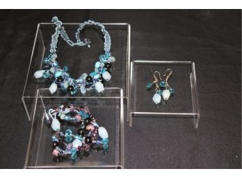 Hand Crafted Costume Jewelry By Sugar Jewlz  Blue Bead & Stone Necklace With Matching Bracelet & Earring