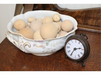 Vintage Hand Painted German Porcelain Bowl & Battery Operated Antiqued Brass Pocket Watch On Stand