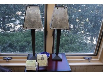 Pair Of Vintage Metal Table Lamps With Aged Semi Translucent Shades, Soapstone Coasters & Ceramic Dishes