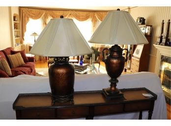 Quality Vintage Pair Of Companion Lamps In Copper Crackle Textured Finish With Antiqued Brass Detailing