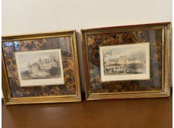 Pair Of Decorative French Prints With Marbleized Mattes In Wood Frames