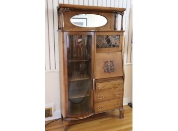 Unique Antique Secretary With Clear Leaded Glass Door & Curved Original Glass Front Door With Beveled Mirr