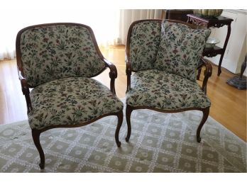 Pair Of Vintage Upholstered & Wood Frame Occasional Chairs In Woven Botanical Upholstery